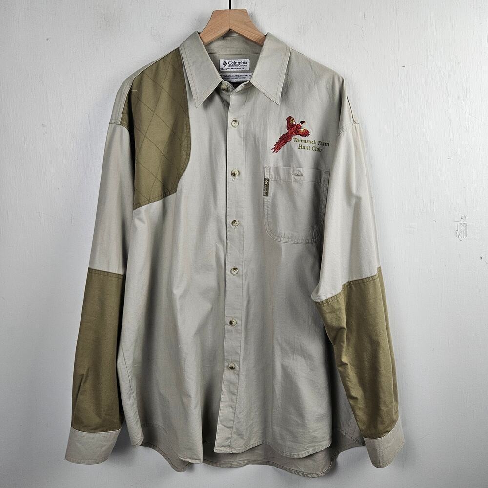 Vintage Columbia Shooting Shirt Hunt Club Embroidered Men's XL Khaki Olive‎